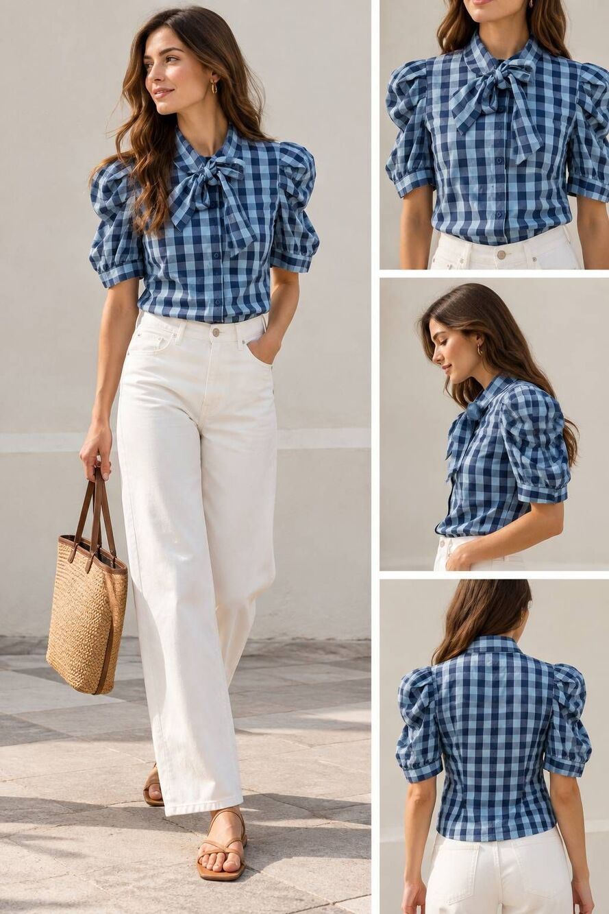 The Shirt Rochelle Behrens Plaid Bow Puff Sleeve Blouse Blue XSmall